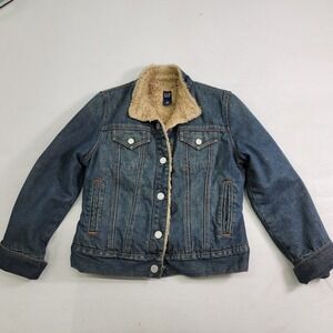 Gap Womens Sz XS Sherpa Lined Denim Snap Front‎ Blue Jean Jacket Coat EUC
